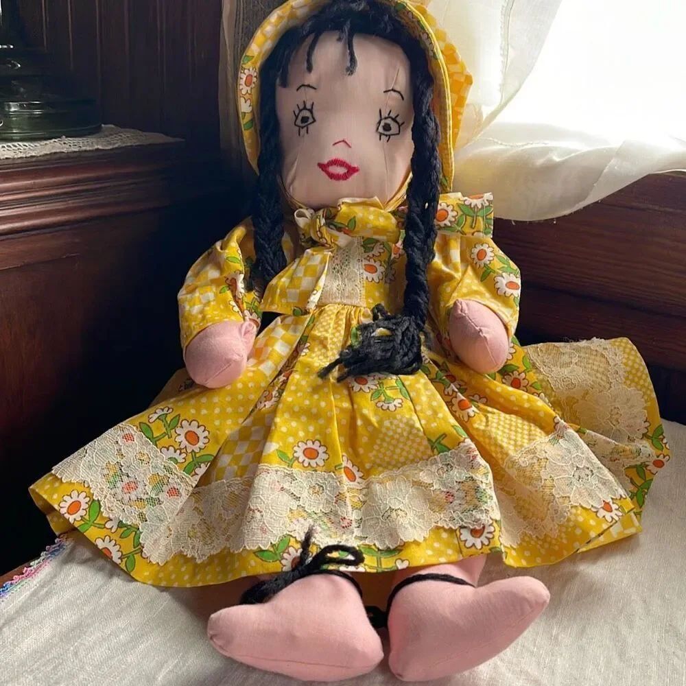 Vintage handmade cloth doll primitive embroidered 18”/19”.